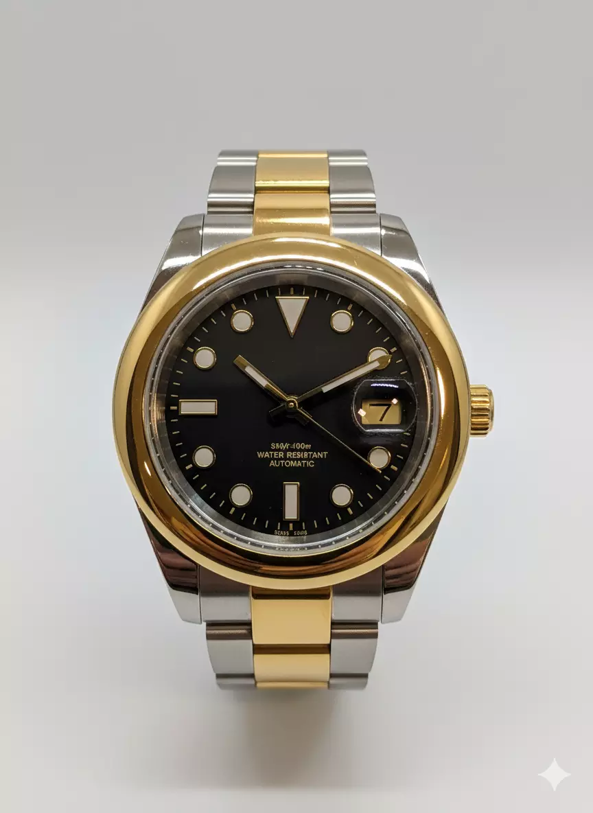 Golden Times – Elegant dial with gold-colored accents and date magnifier, 39mm stainless steel, expertly assembled