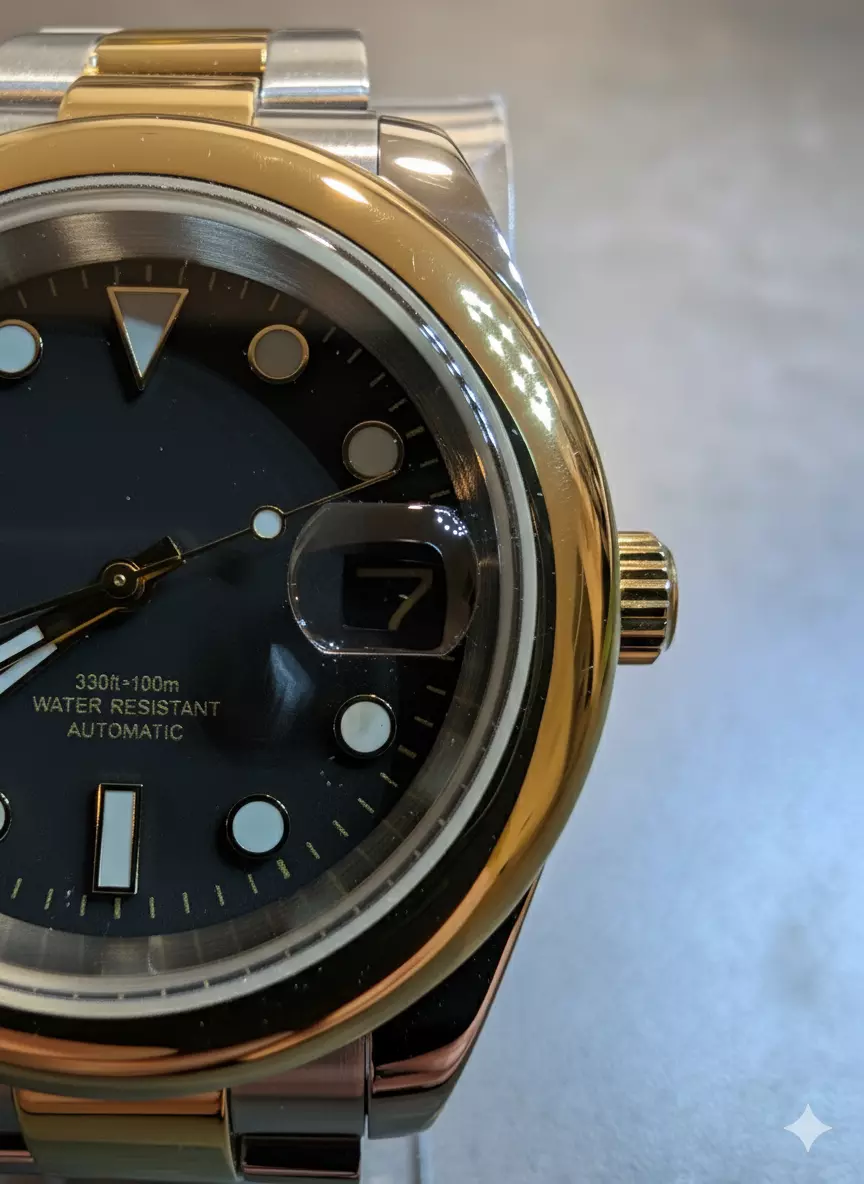 Golden Times – Side view with gold-colored crown, slim 39mm silhouette