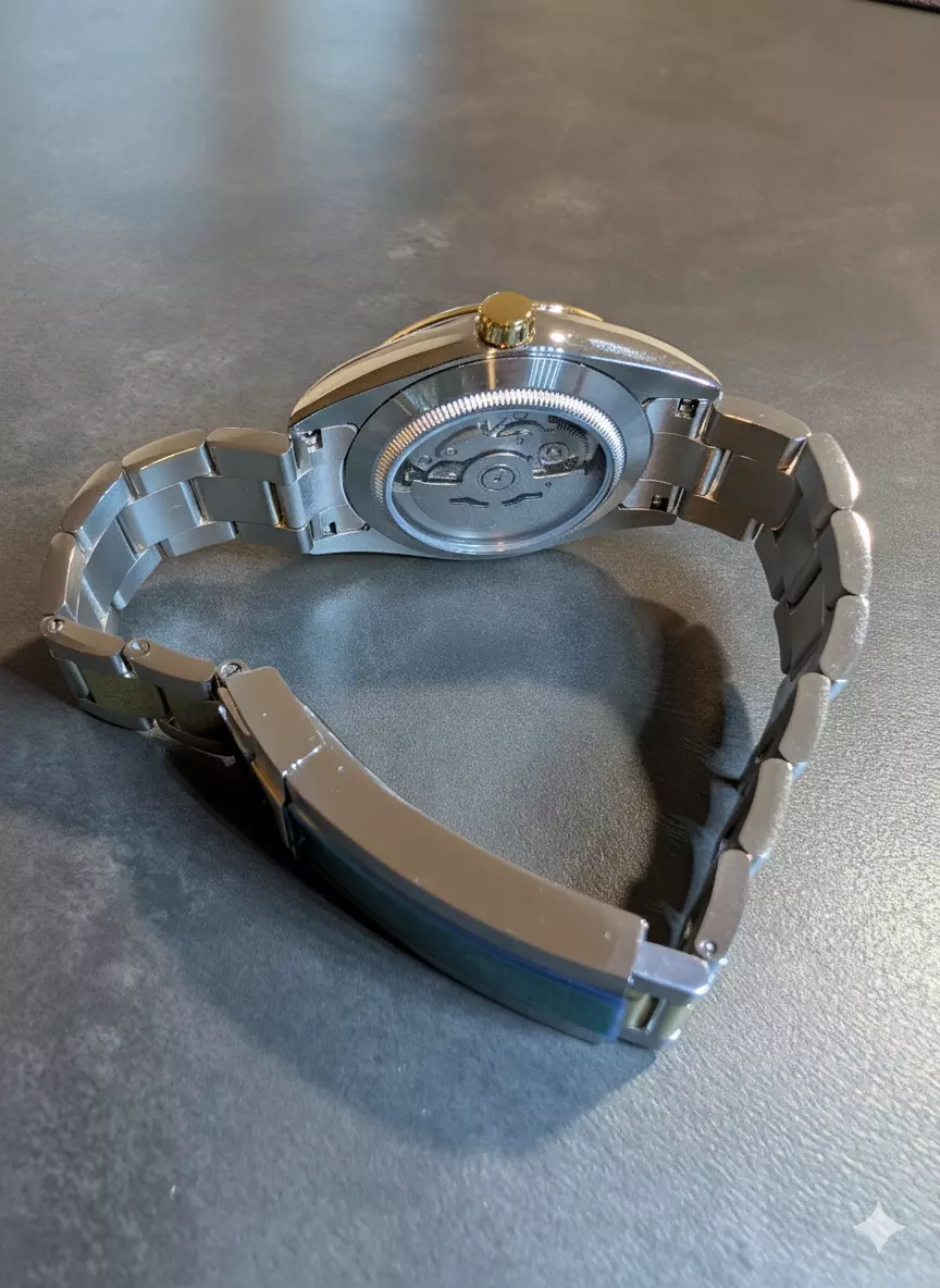 Golden Times – Exhibition caseback with view of the movement